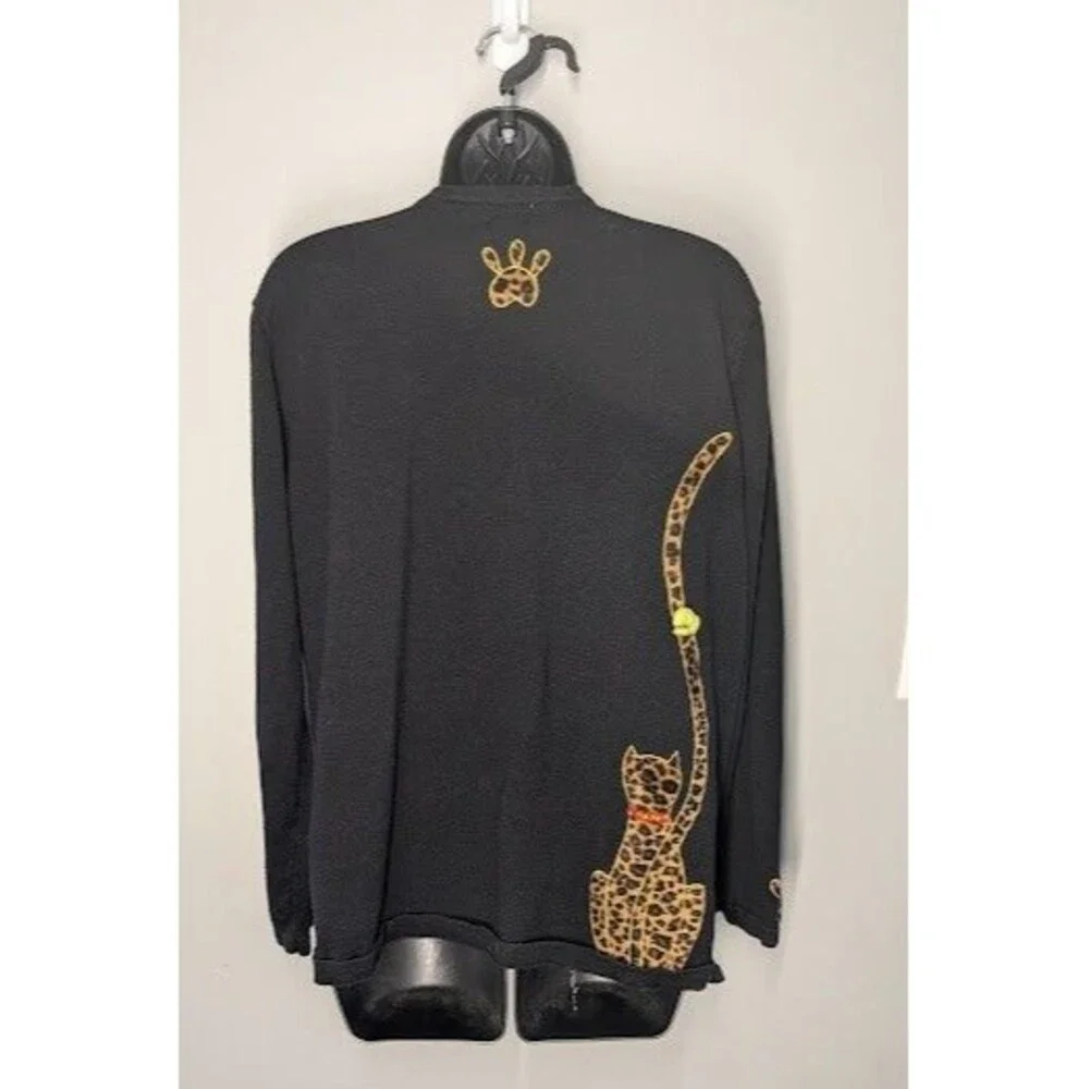 Berek Cardigan Sweater Womens XL Black Cat Animal Print Embellished Knit Novelty